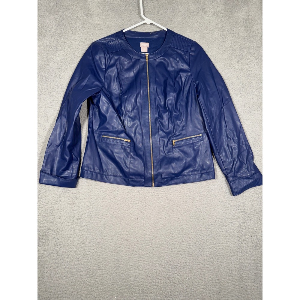 Chico's Faux Leather Jacket Blue Collarless Front Pockets Women's Size 0 Small